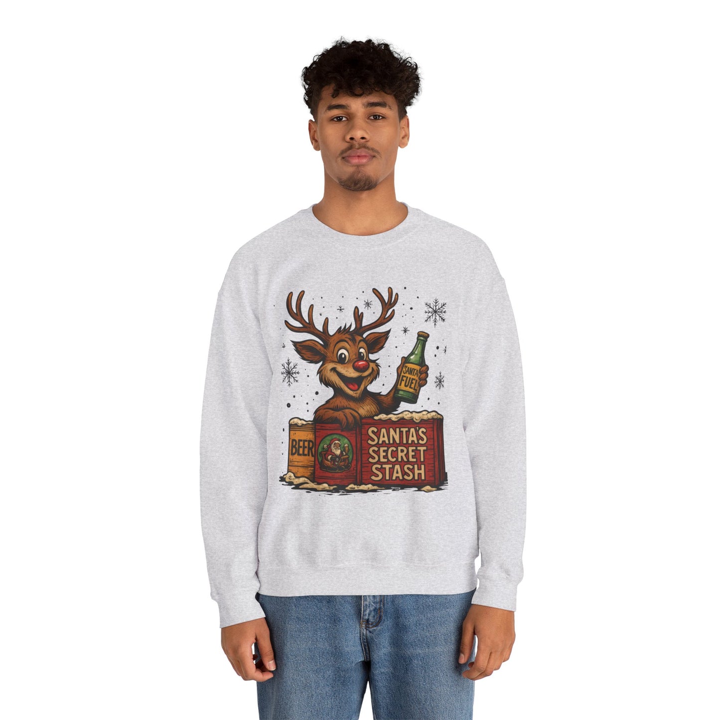 Mens Funny Christmas Sweatshirt, Santa's Secret Stash Reindeer Pullover, Men's Heavy Blend™ Crewneck Sweatshirt