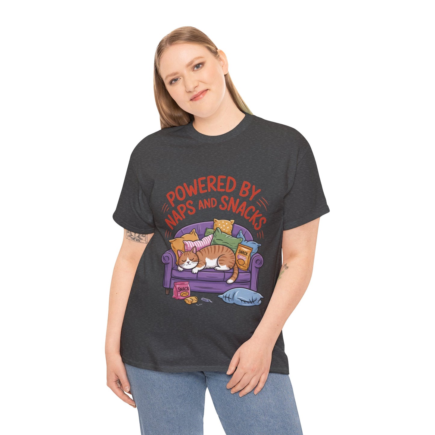 Powered by Naps and Snacks Cat T-Shirt, Funny Lazy Cat Lover Womens Tee, Cute Humor Shirt, Cozy Gift for Her, Cozy Cat Lover T-Shirt