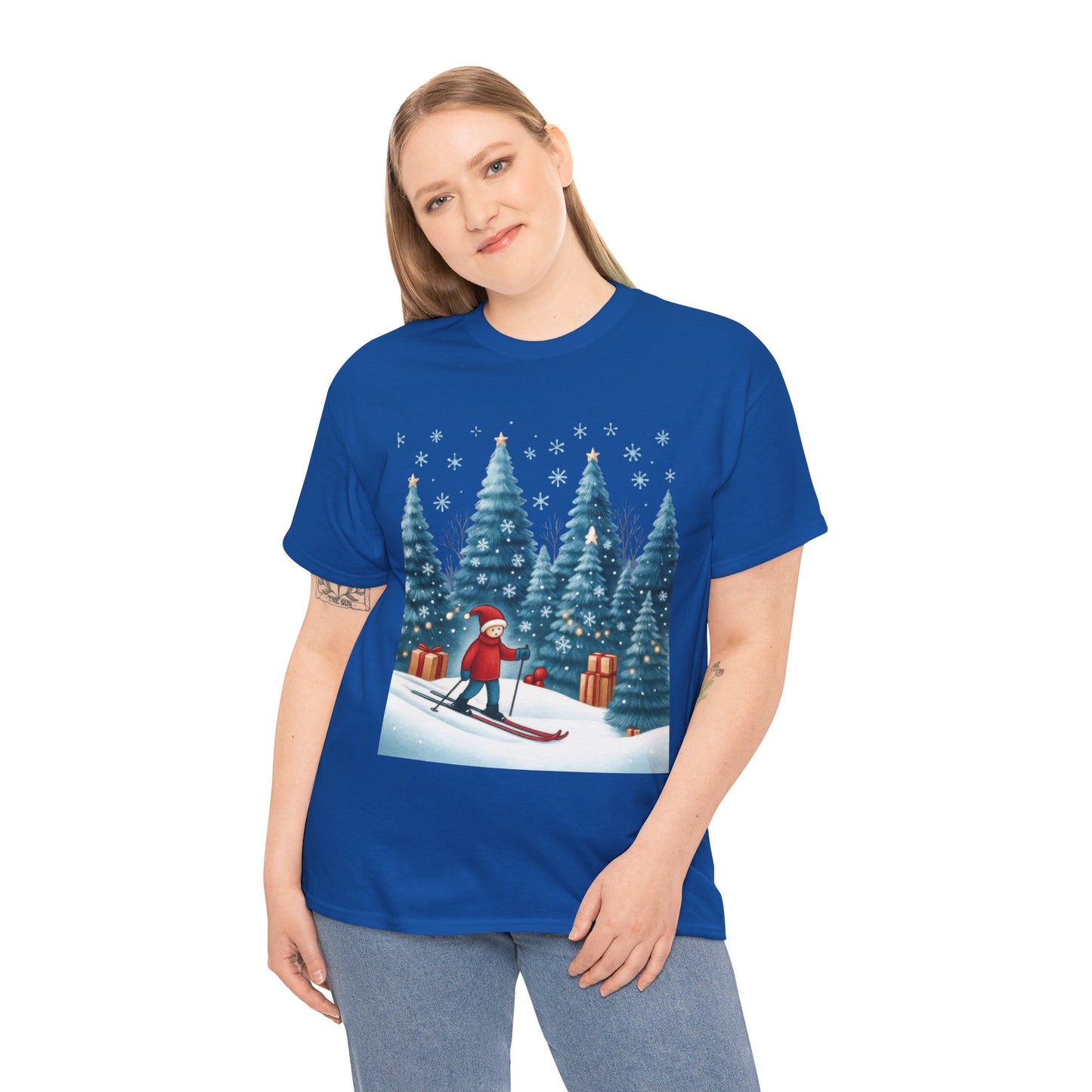 Womens Cute Winter Holiday Graphic Tee, Christmas Skiing T-Shirt, Women's Heavy Cotton Tee