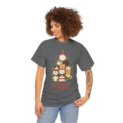 Women's Meowy Christmas Cat T-Shirt, Cute Holiday Kitty Tree Tee