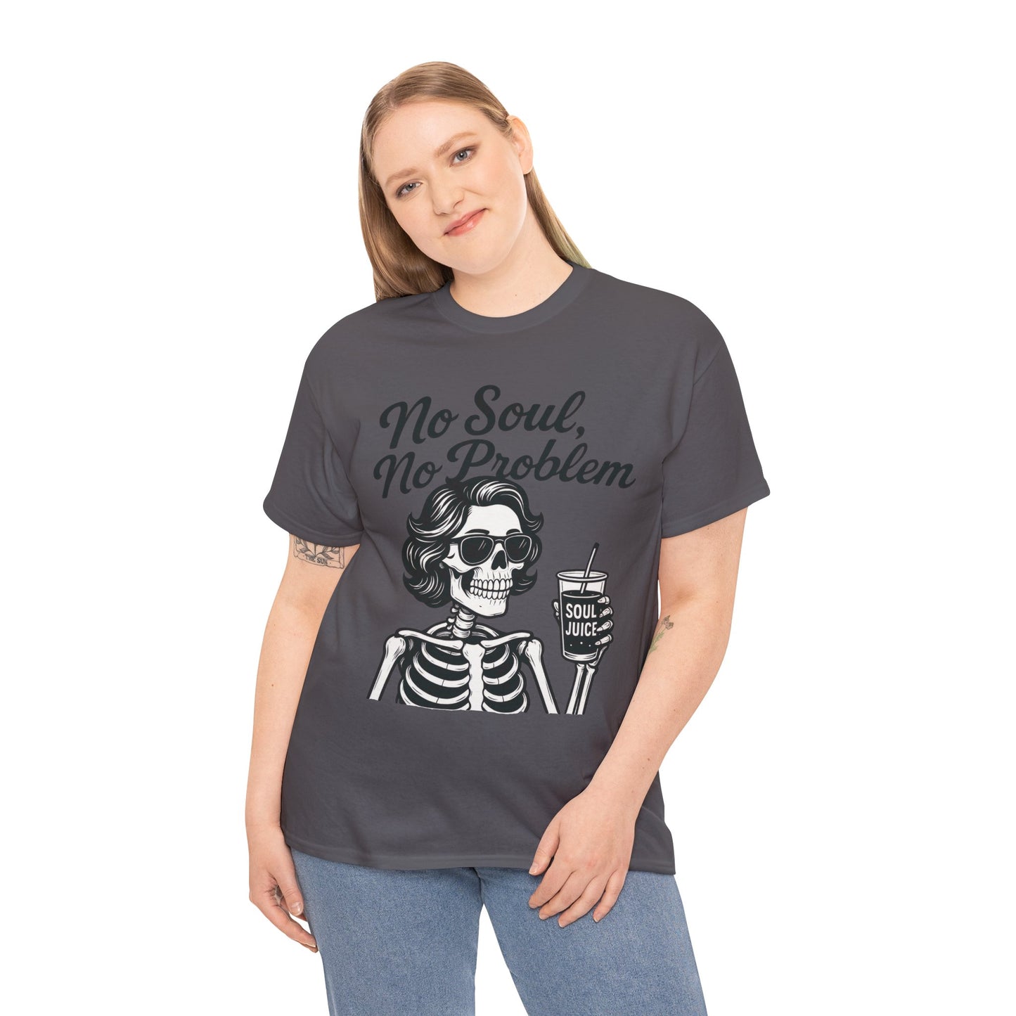 No Soul No Problem Skeleton T-Shirt for Women, Funny Gothic Skull Tee, Dark Humor Halloween Shirt, Spooky Retro Skeleton Top