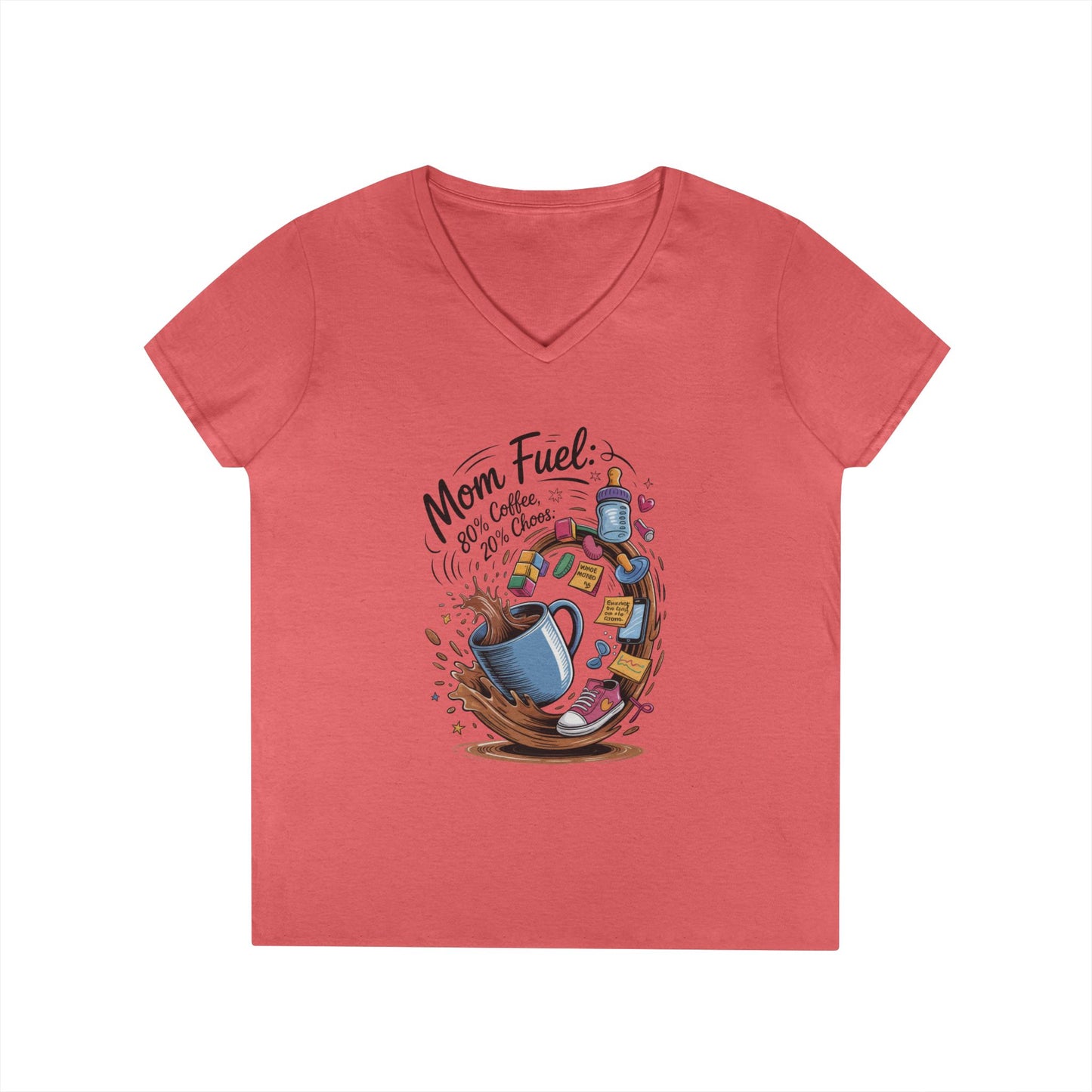 Mom Fuel V-Neck T-Shirt, Funny Coffee Lover V-Neck T-Shirt, Gift for Moms, Mother's Day, Casual Wear, Pajama Top