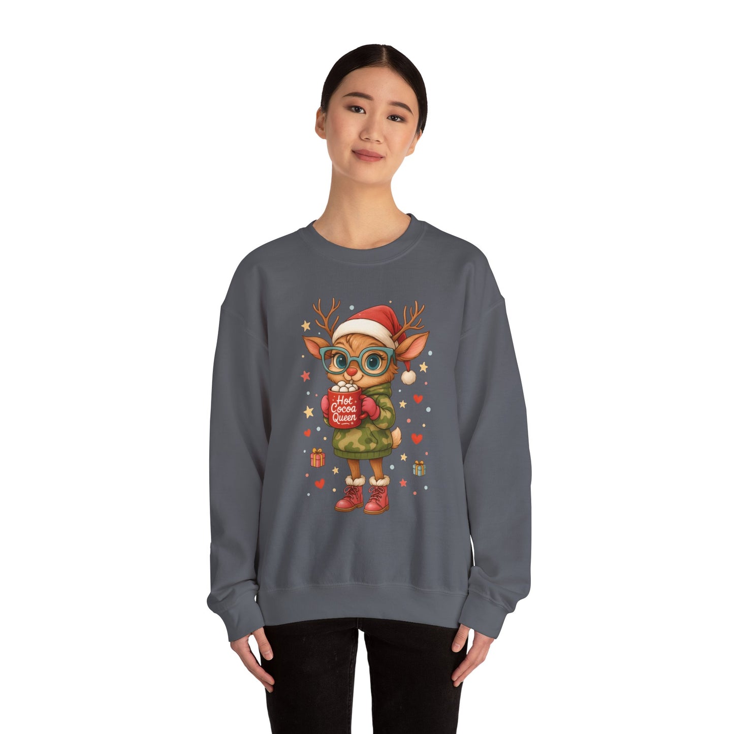 Hot Cocoa Queen Christmas Sweatshirt, Cute Cozy Holiday Reindeer Pullover