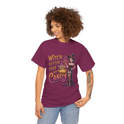 Witch Better Have My Candy Halloween T-Shirt for Women, Funny Spooky Witch Tee, Retro Pin-Up Halloween Shirt, Sassy Fall Party Top