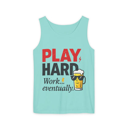 Casual Tank Top with Play Hard Print, Fun Summer Apparel, Gift for Dad or Friends, Beach Wear, Workout Top, Party Attire