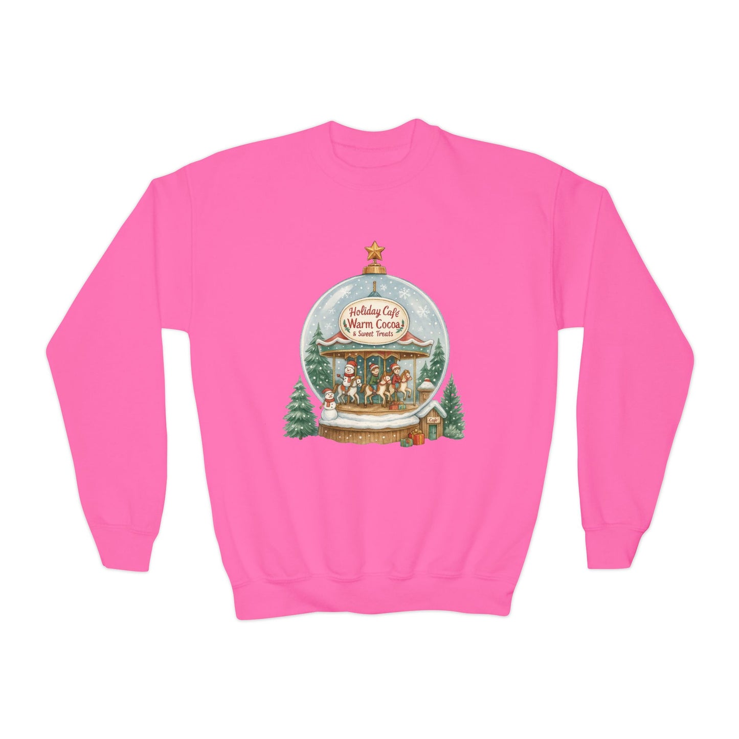 Youth Holiday Café Christmas Sweatshirt, Warm Cocoa Snow Globe Jumper