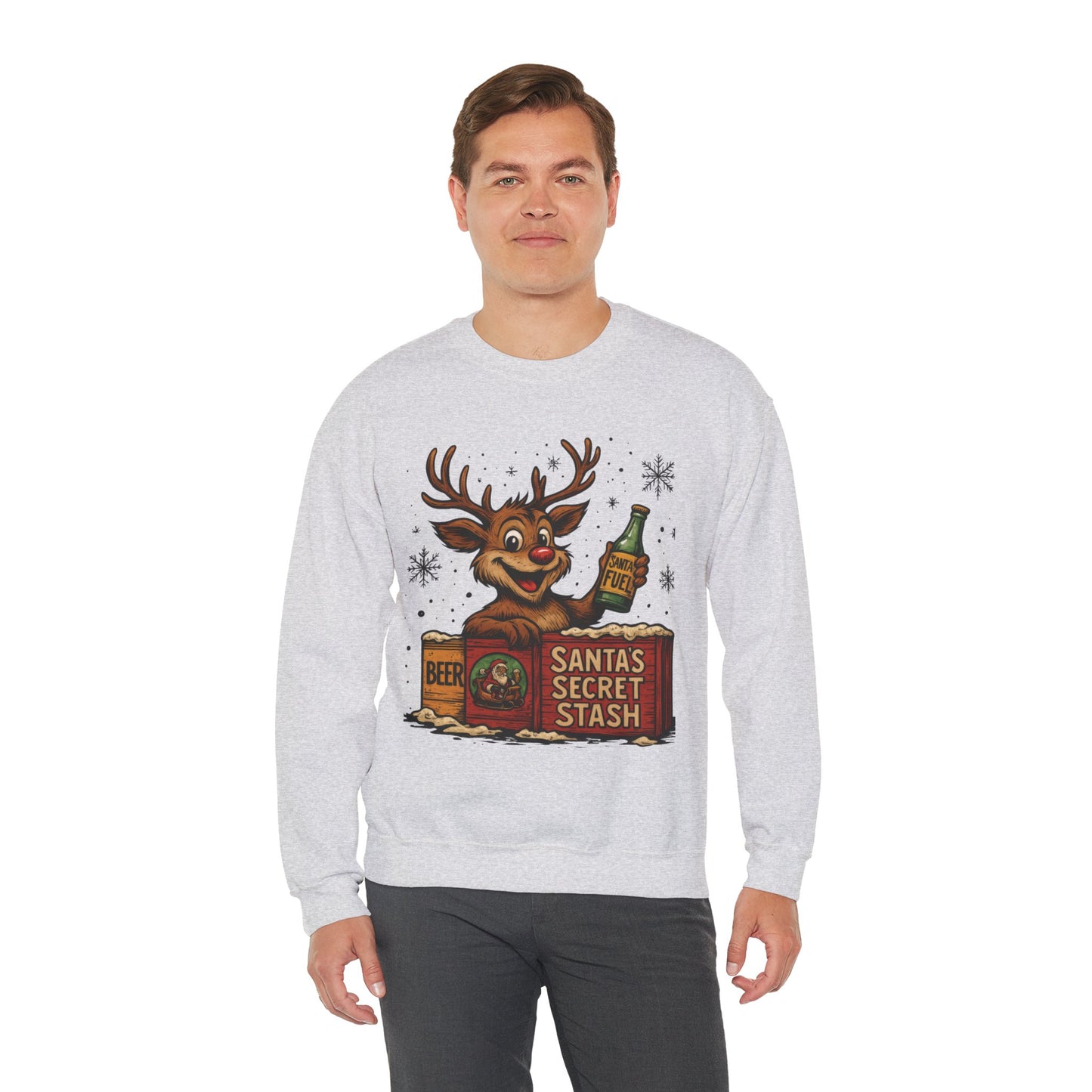 Mens Funny Christmas Sweatshirt, Santa's Secret Stash Reindeer Pullover, Men's Heavy Blend™ Crewneck Sweatshirt