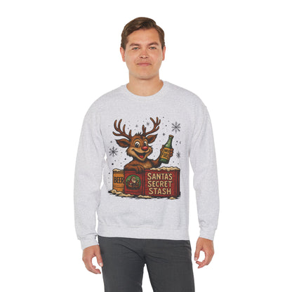 Mens Funny Christmas Sweatshirt, Santa's Secret Stash Reindeer Pullover, Men's Heavy Blend™ Crewneck Sweatshirt