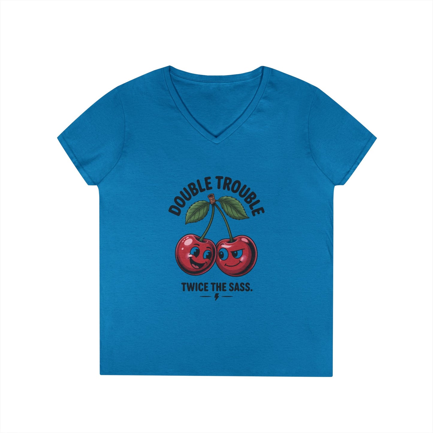 Double Trouble Cherry Ladies V-Neck T-Shirt, Funny Cute Womens T-Shirt, Twice the Sass Quote Shirt, Sassy Cherry Cartoon Gift