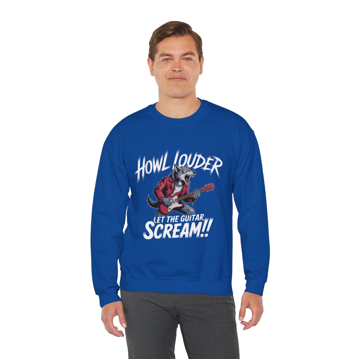 Howl Louder Wolf Sweatshirt, Let The Guitar Scream Pullover, Rock Guitar Animal Hoodie, Rocking Wolf Crewneck Sweatshirt, Music Lover Gift