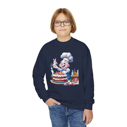 Hoppy Baker Easter Bunny Youth Sweatshirt - Cute Spring Crewneck for Kids with Chef Bunny and Cake, Fun Holiday Gift for Easter Lovers