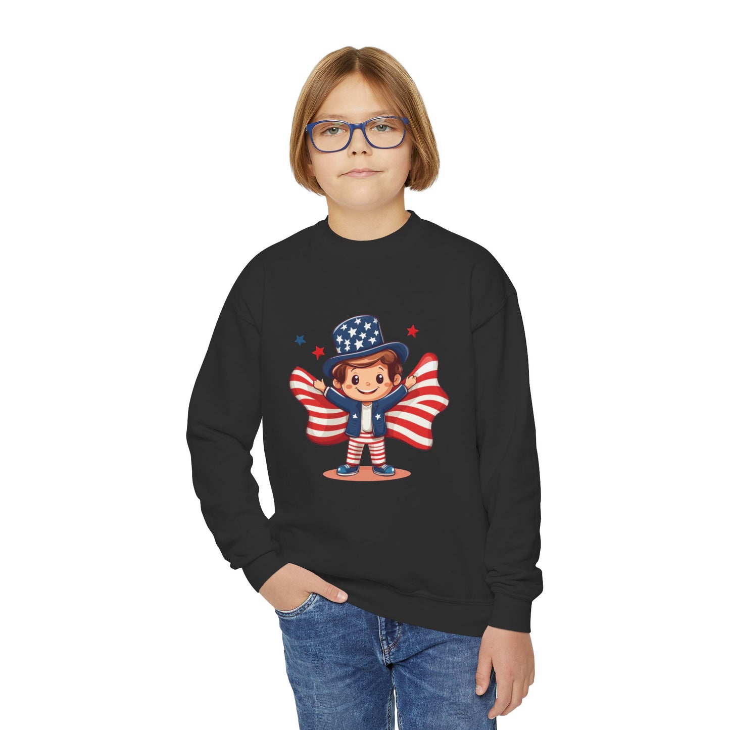 Patriotic Youth Crewneck Sweatshirt, Kids Flag Sweatshirt, July 4th Outfit, Independence Day Gear, Americana Sweatshirt, Holiday Clothing