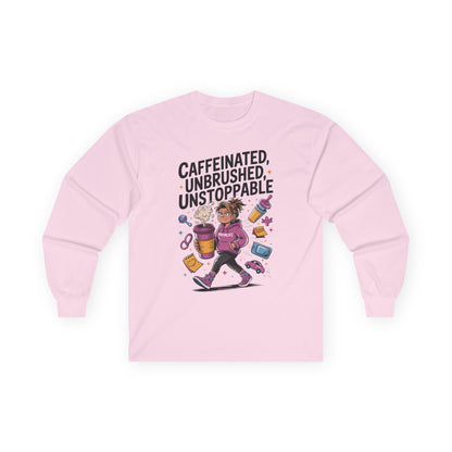 Caffeinated Mom Long Sleeve, Mother's Day Gift,New Mother Tired Mother Gift, Coffee Lover Gift, Coffee Addict Mom Long Sleeve Tee