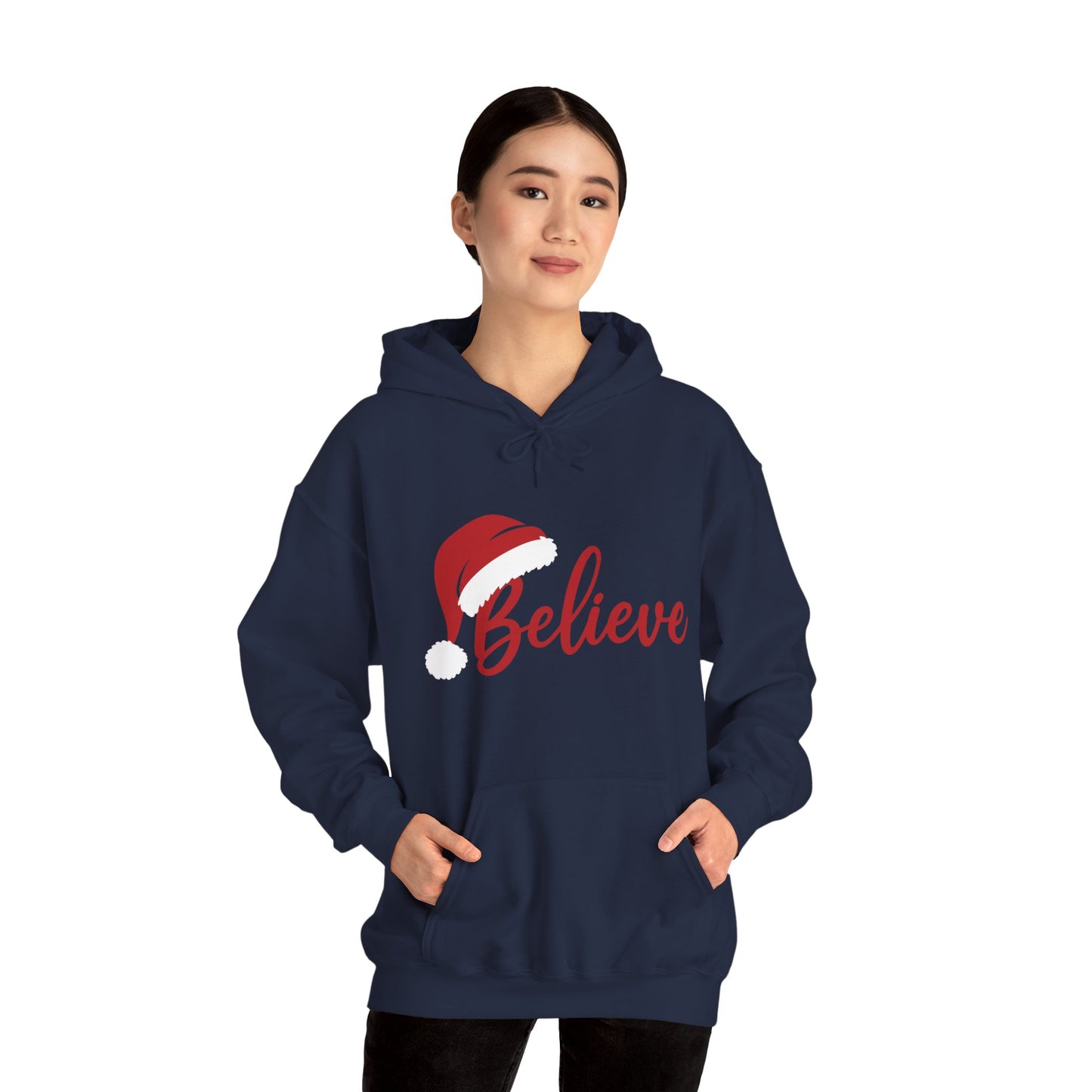 Believe Christmas Women's Hoodie, Minimal Santa Hat Holiday Sweatshirt for Women