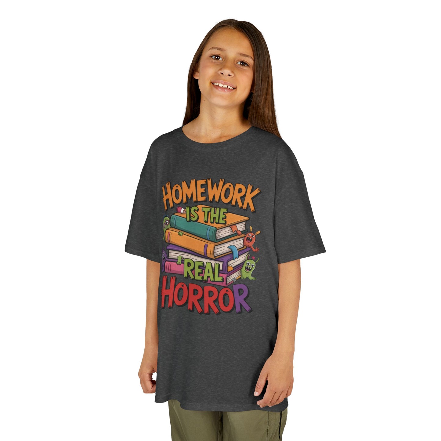 Kids Funny Homework Tee, Cute Monster School Shirt, Homework Is the Real Horror, Back to School Gift for Boys & Girls, Kids Halloween Tee
