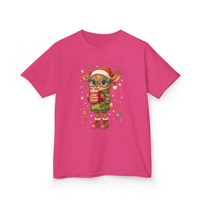 Hot Cocoa Queen Christmas T-Shirt for Girls, Cute Holiday Reindeer Tee