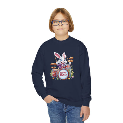 Easter Bunny Drummer Kids Sweatshirt - Cute Spring Crewneck for Children, Fun Easter Gift Colorful Bunny Playing Drums Design