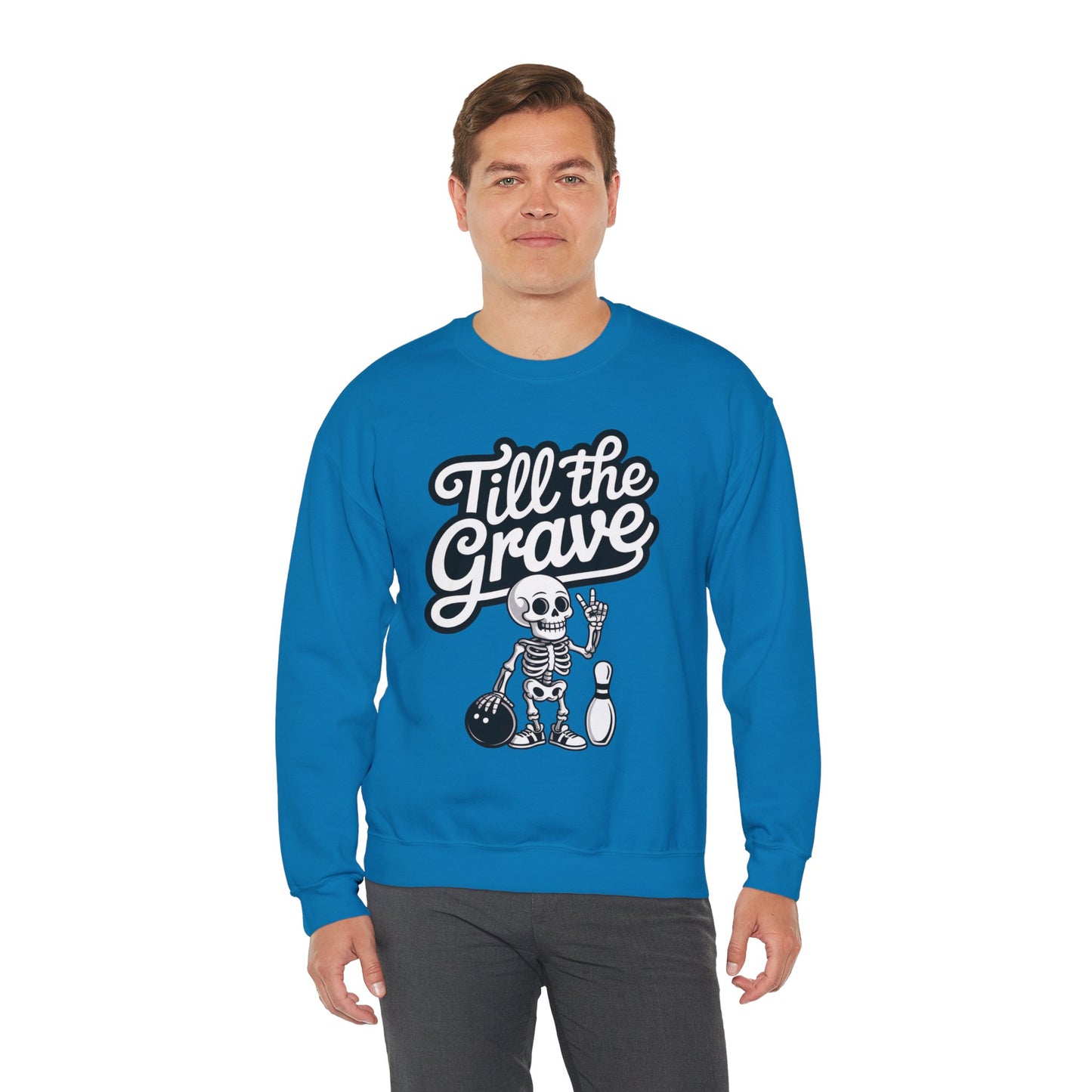 Funny Skeleton Bowling Mens Pullover, Halloween Apparel, Funny Skeleton Bowling Shirt, Casual Mens Crewneck, Cool Bowler Skull Crewneck