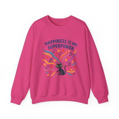 Playful Cat Crewneck Womens Sweatshirt, Happiness is My Superpower, Cozy Sweatshirt, Gift for Cat Lovers, Fun Casual Style, Unique Animal Design