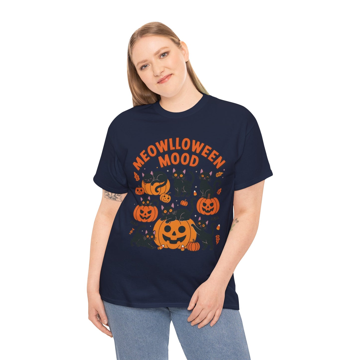 Meowlloween Mood Cat Shirt for Women, Cute Black Cat and Pumpkin Halloween Tee, Cozy Fall Kawaii Spooky Graphic Top, Cat Lover Gift