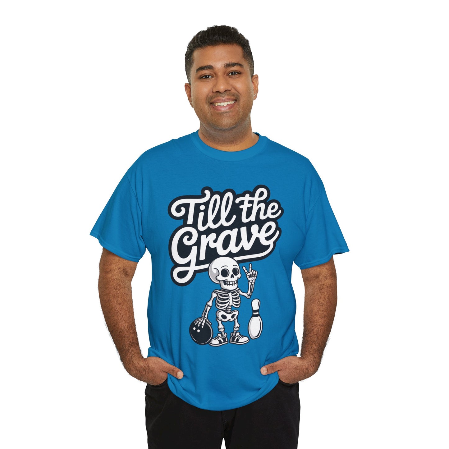 Skeleton Bowling Graphic Tee, Mens Heavy Cotton Tee, Funny Halloween Shirt, Gift for Bowlers, Retro Style Apparel, Casual Wear