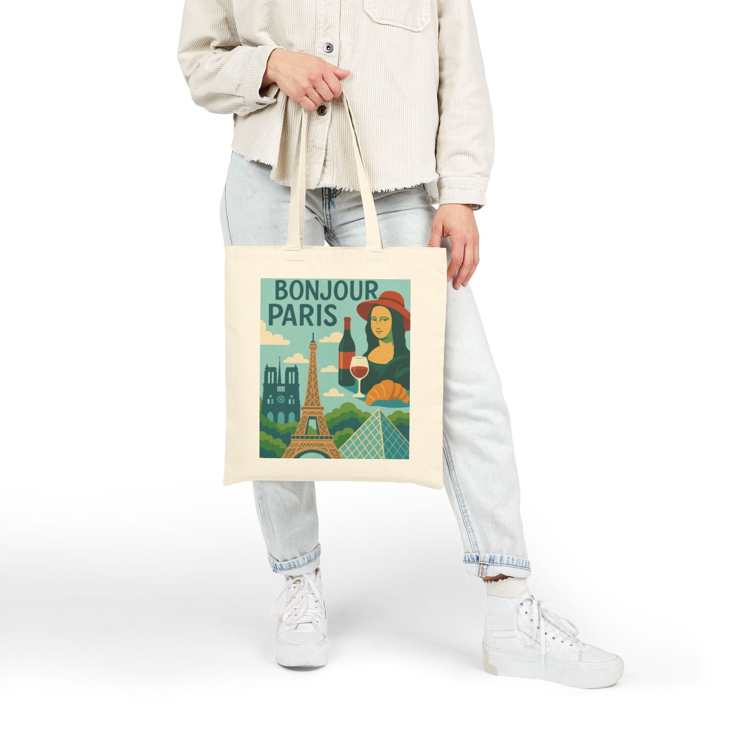 Bonjour Paris Tote Bag, Eco-Friendly Cotton Bag for Shopping, Travel, Gifts, Beach, and Everyday Use