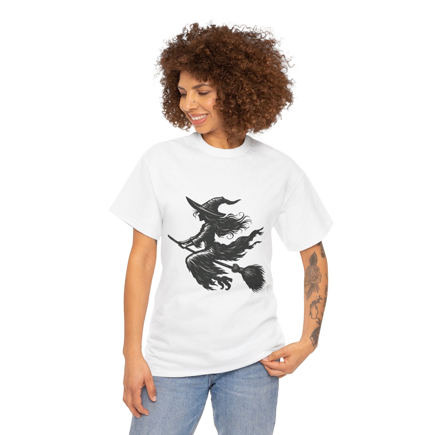 Flying Witch Silhouette Halloween T-Shirt for Women, Vintage Witch on Broom Tee, Spooky Gothic Fall Shirt, Minimal Black Witch Top