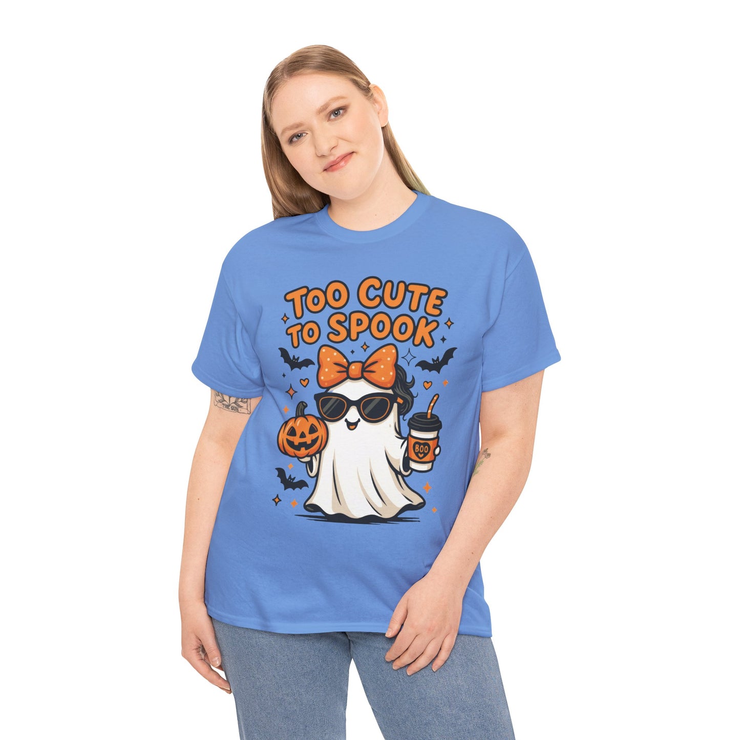 Too Cute To Spook Women's T-Shirt, Cute Ghost Pumpkin Coffee Halloween Graphic Tee
