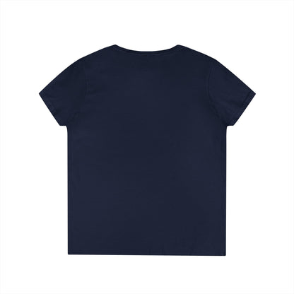 Ladies' V-Neck T-Shirt with Heron Design - Grace in Stillness, Relaxed Fit, Nature-Inspired Gift, Travel Tee, Summer Fashion
