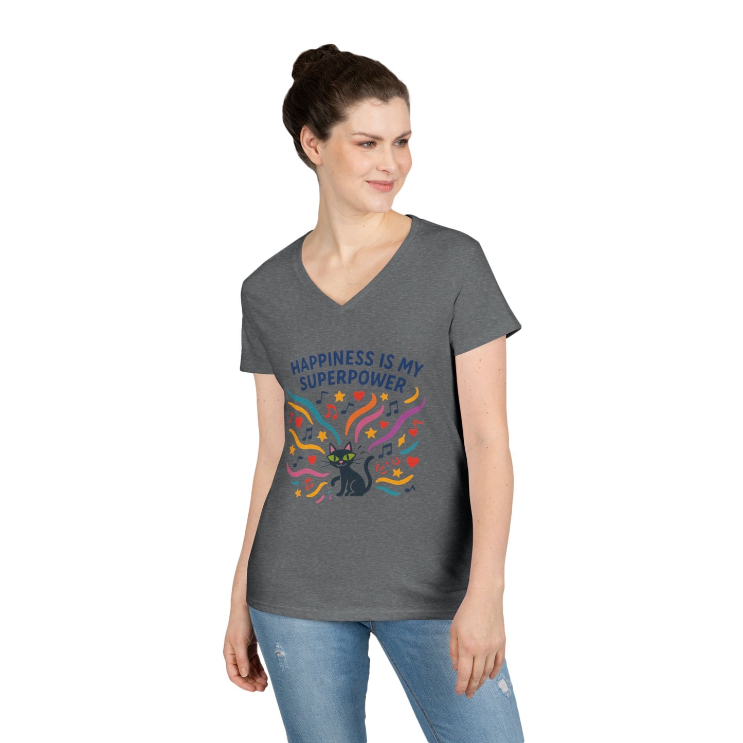 Happiness Is My Superpower V-Neck T-Shirt, Cat Lover Tee, Gift for Her, Cute Graphic Shirt, Music Enthusiast Apparel, Funny Cat Shirt