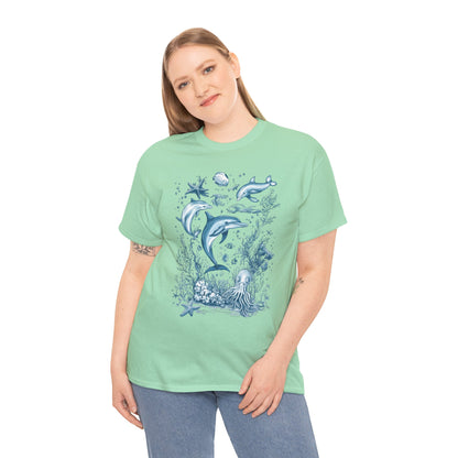 Ocean Life Dolphin T-Shirt, Women's Cotton Tee with Underwater Sea Creatures, Marine Nature Gift Shirt, Perfect for Beach Lovers