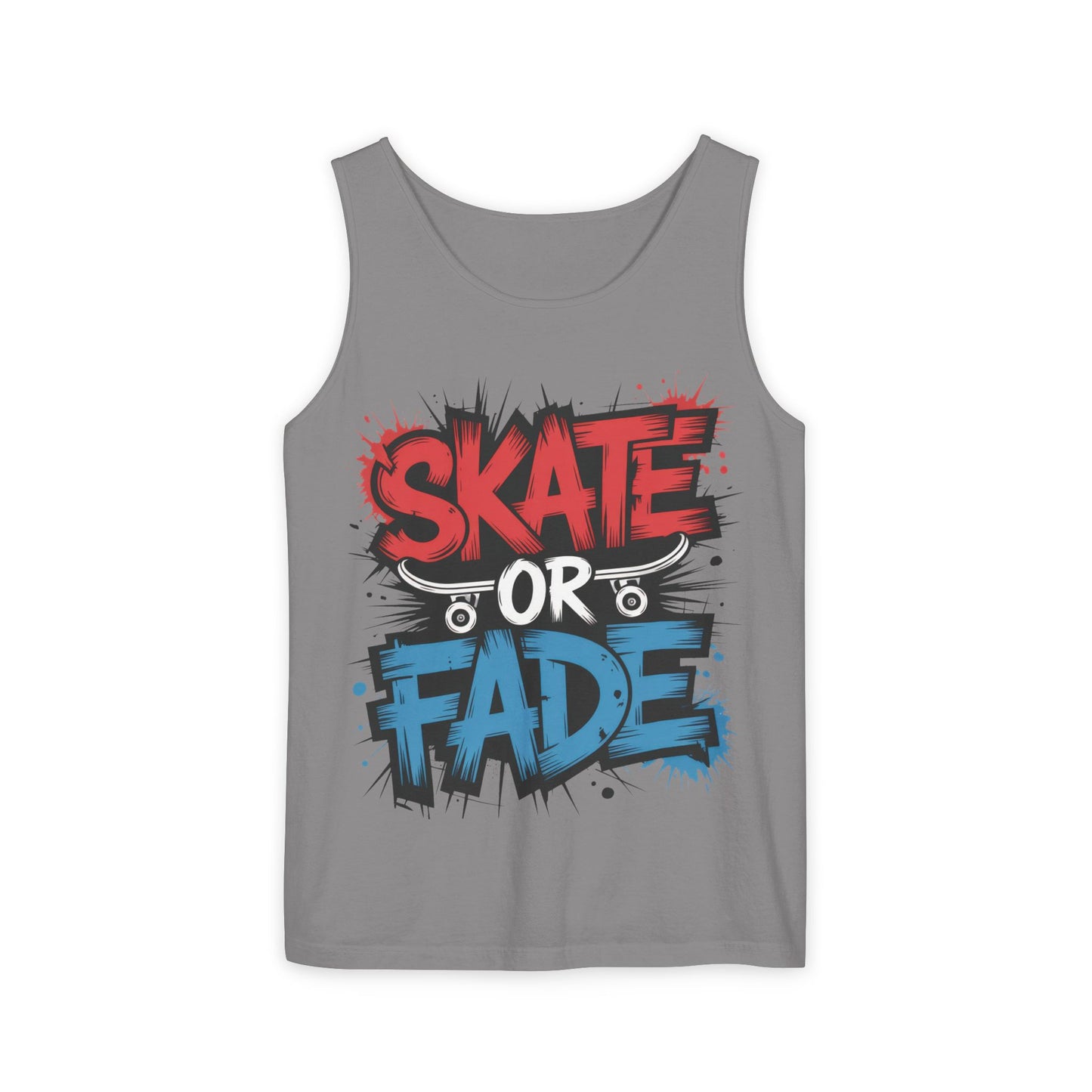 Skate Or Fade Men's Tank Top, Graffiti Skateboard Graphic Muscle Shirt, Urban Streetwear Sleeveless Top, Men's Garment-Dyed Tank Top