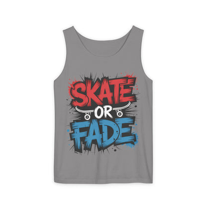 Skate Or Fade Men's Tank Top, Graffiti Skateboard Graphic Muscle Shirt, Urban Streetwear Sleeveless Top, Men's Garment-Dyed Tank Top