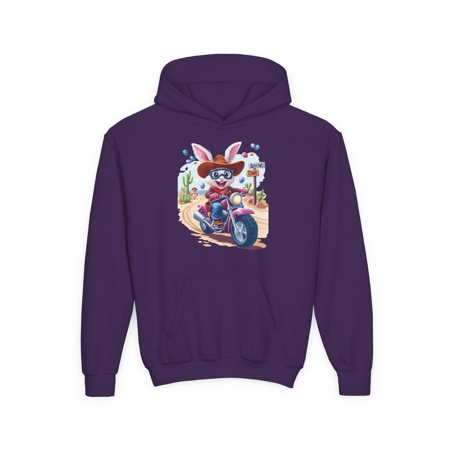 Easter Biker Bunny Youth Hoodie - Fun Spring Sweatshirt for Kids with Cute Motorcycle Bunny, Perfect for Easter & Holiday Gifting