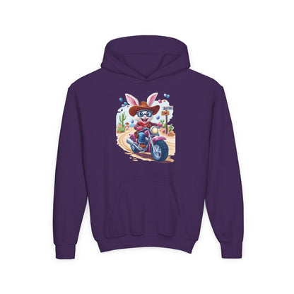 Easter Biker Bunny Youth Hoodie - Fun Spring Sweatshirt for Kids with Cute Motorcycle Bunny, Perfect for Easter & Holiday Gifting