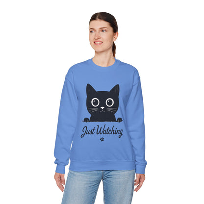 Funny Black Cat Womens Crewneck Sweatshirt - Just Watching Minimalist Kitty Pullover - Cozy Cat Lover Gift, Pet Owner Apparel