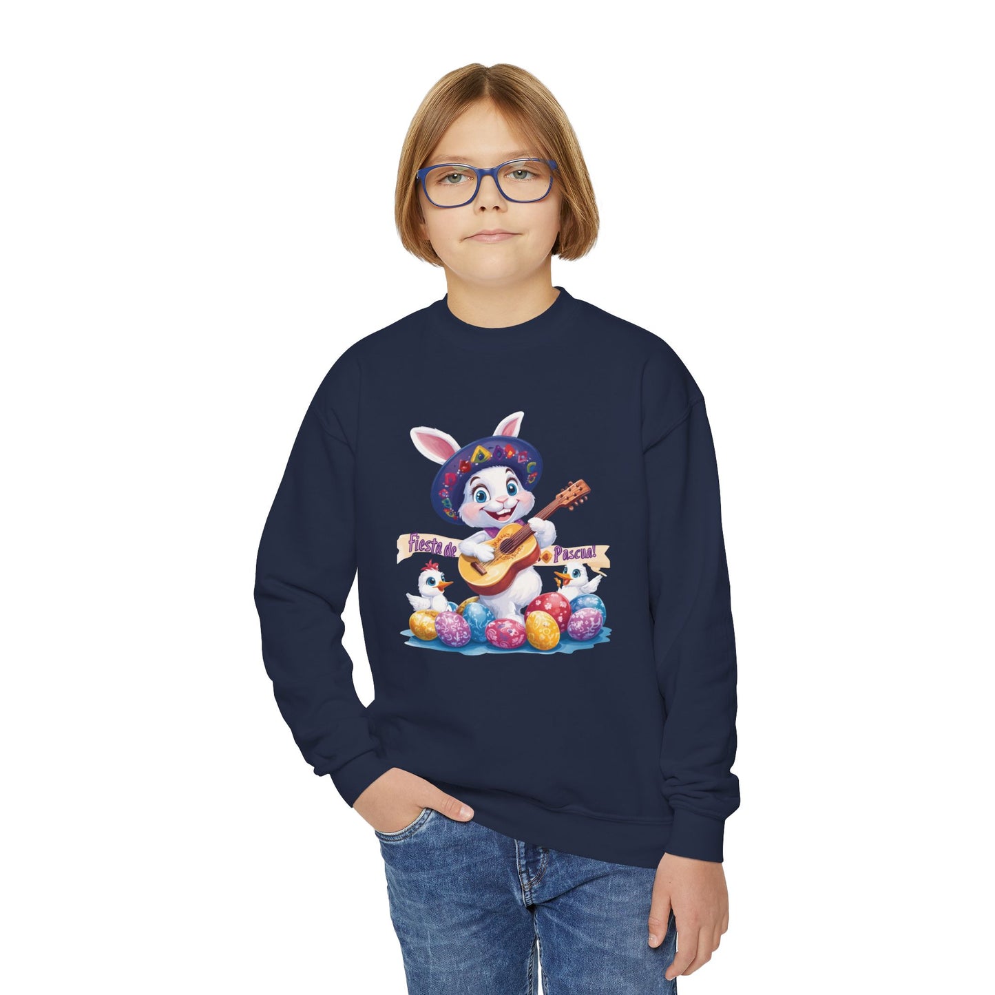 Fiesta de Pascua Bunny Sweatshirt - Mexican Easter Crewneck for Kids, Cute Spring Gift with Guitar Playing Bunny and Colorful Eggs