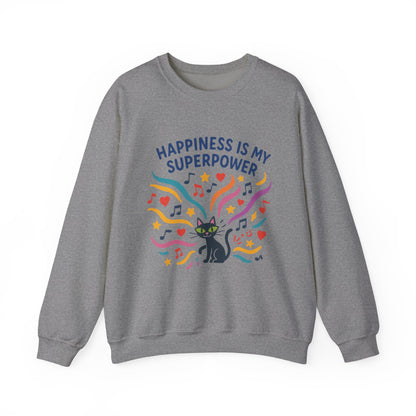 Playful Cat Crewneck Womens Sweatshirt, Happiness is My Superpower, Cozy Sweatshirt, Gift for Cat Lovers, Fun Casual Style, Unique Animal Design