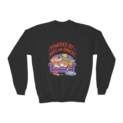 Youth Sweatshirt - Powered by Naps and Snacks, Cozy Apparel for Kids, Perfect for Chill Days, Gift for Cat Lovers, Funny Sweatshirt