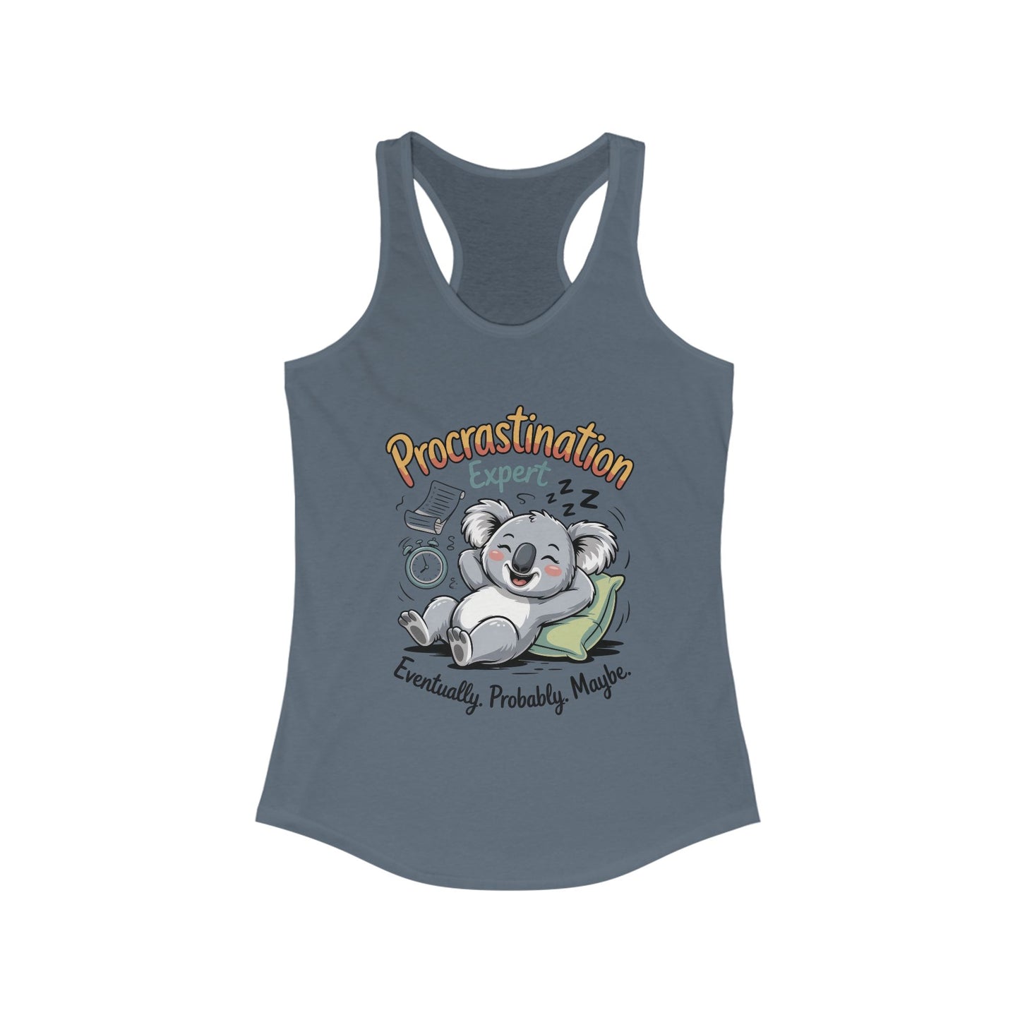 Procrastination Expert Racerback Tank, Funny Tank Top for Women, Gift for Lazy Days, Casual Summer Wear, Relaxing at Home
