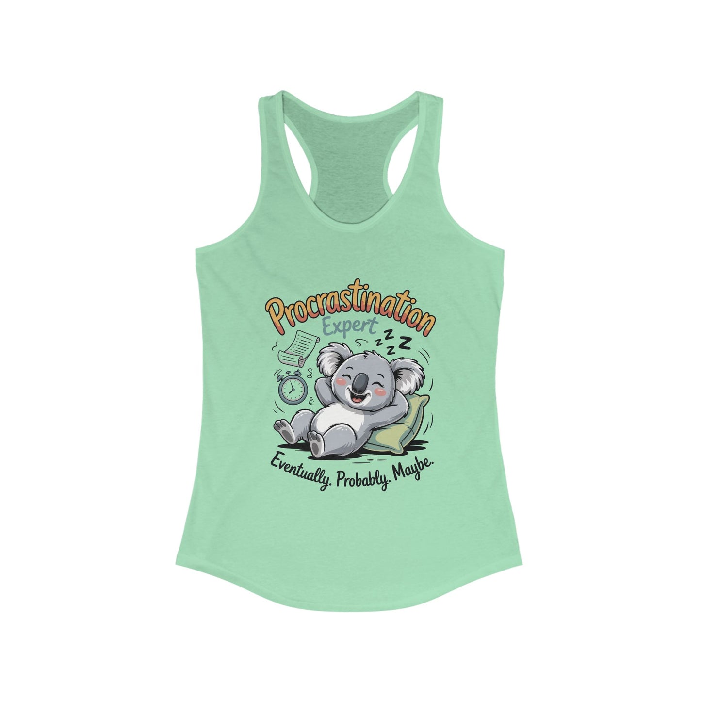 Procrastination Expert Racerback Tank, Funny Tank Top for Women, Gift for Lazy Days, Casual Summer Wear, Relaxing at Home