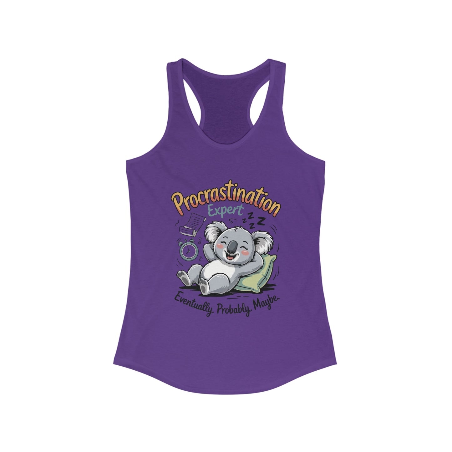 Procrastination Expert Racerback Tank, Funny Tank Top for Women, Gift for Lazy Days, Casual Summer Wear, Relaxing at Home