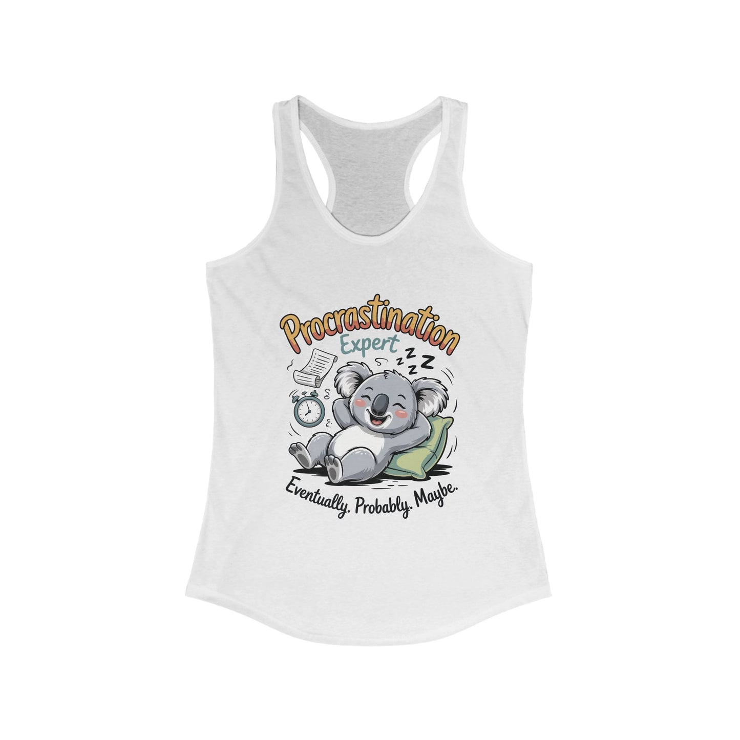 Procrastination Expert Racerback Tank, Funny Tank Top for Women, Gift for Lazy Days, Casual Summer Wear, Relaxing at Home