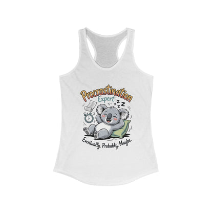 Procrastination Expert Racerback Tank, Funny Tank Top for Women, Gift for Lazy Days, Casual Summer Wear, Relaxing at Home