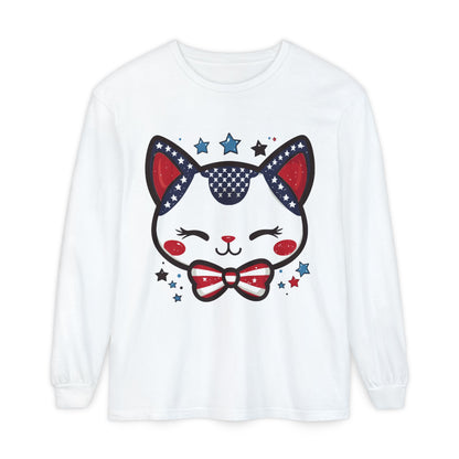 Cute Patriotic Cat Long Sleeve Women's T-Shirt, Fourth of July, Cat Lovers Gift, Casual Wear, Perfect for Holidays and Celebrations
