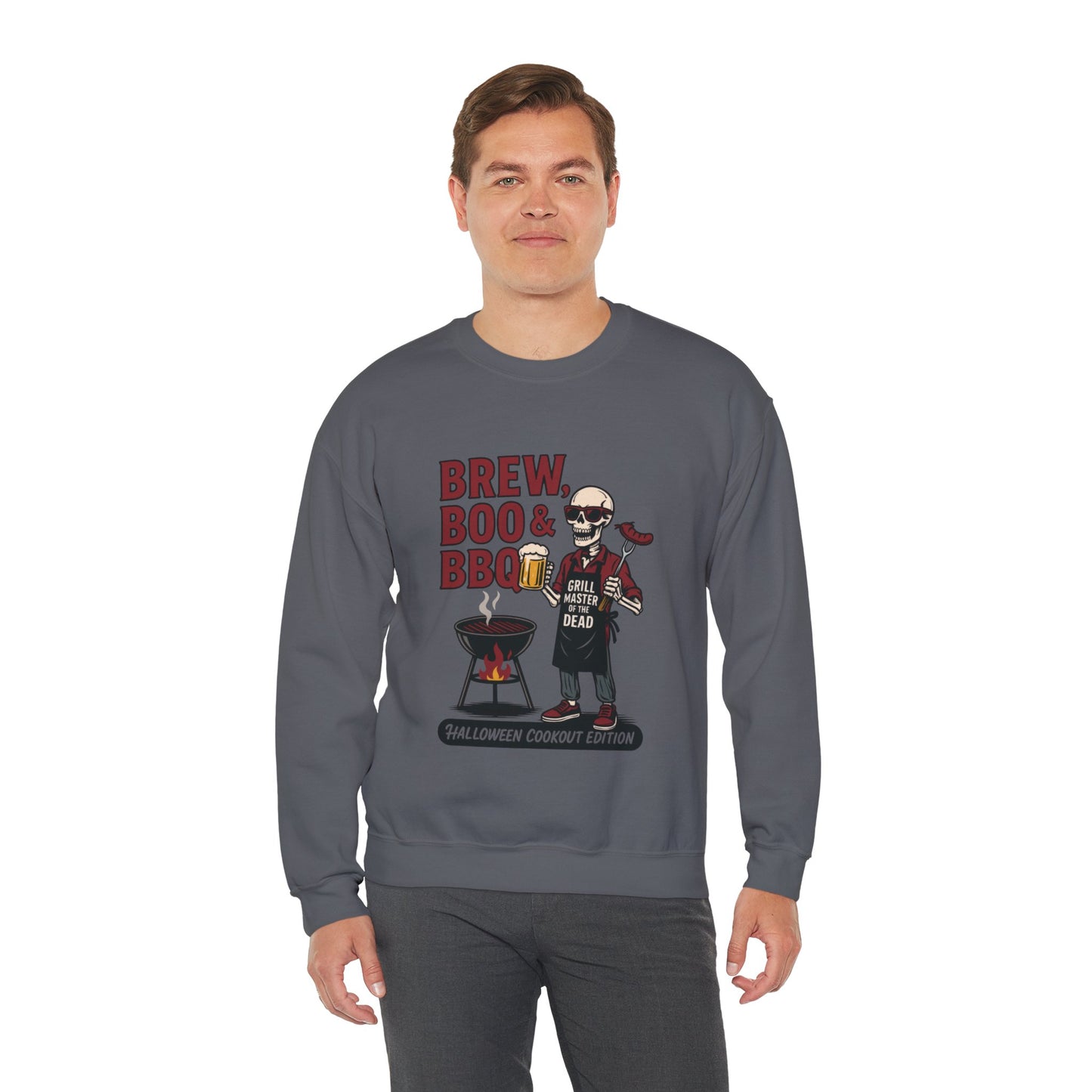 Halloween BBQ Men's Sweatshirt, Brew Boo & BBQ Skeleton Grill Master, Spooky Dad Gift, Skeleton Dad Sweat, Grill Master Crew