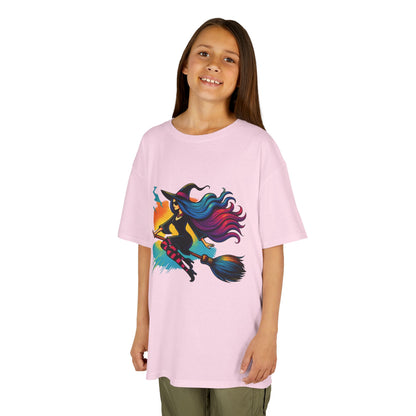 Girls Witch T-Shirt, Colorful Halloween Witch Graphic Tee for Kids, Fun Spooky Broomstick Shirt, Gift for Girls
