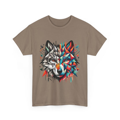 Geometric Wolf Tee, Heavy Cotton T-Shirt, Wildlife Lover Apparel, Unique Nature Wear, Artistic Wolf Design Tee