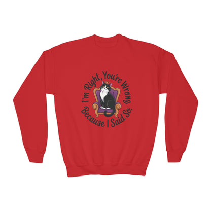 Youth Crewneck Sweatshirt, Funny Cat Sweatshirt for Girls, Im Right Youre Wrong, Tween Girl Attitude Pullover, Cute Gift for Cat Lovers