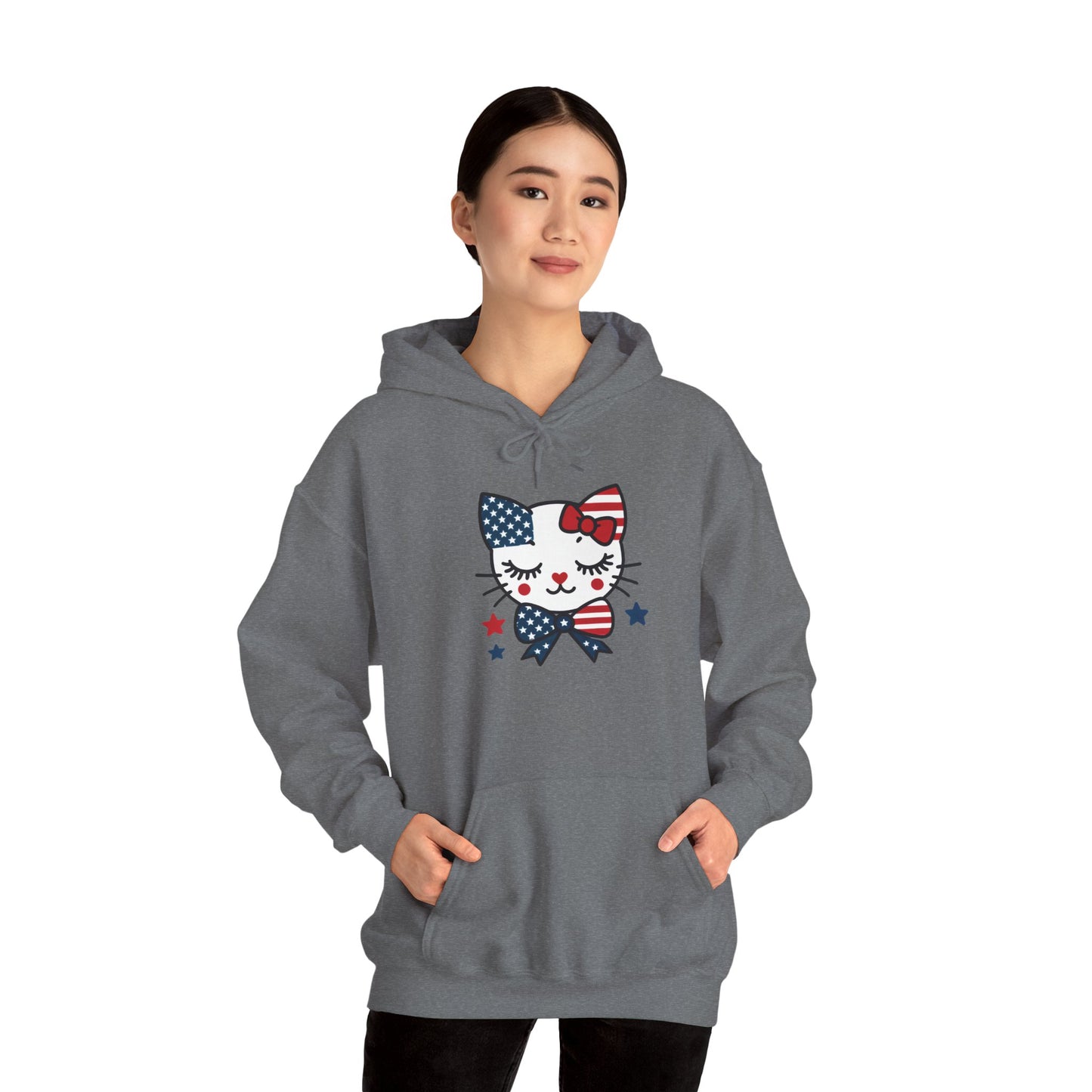 Cute Cat Patriot Women's Hoodie, Women's Heavy Blend Sweatshirt, Gift for Cat Lovers, 4th of July Apparel, Perfect for Independence Day